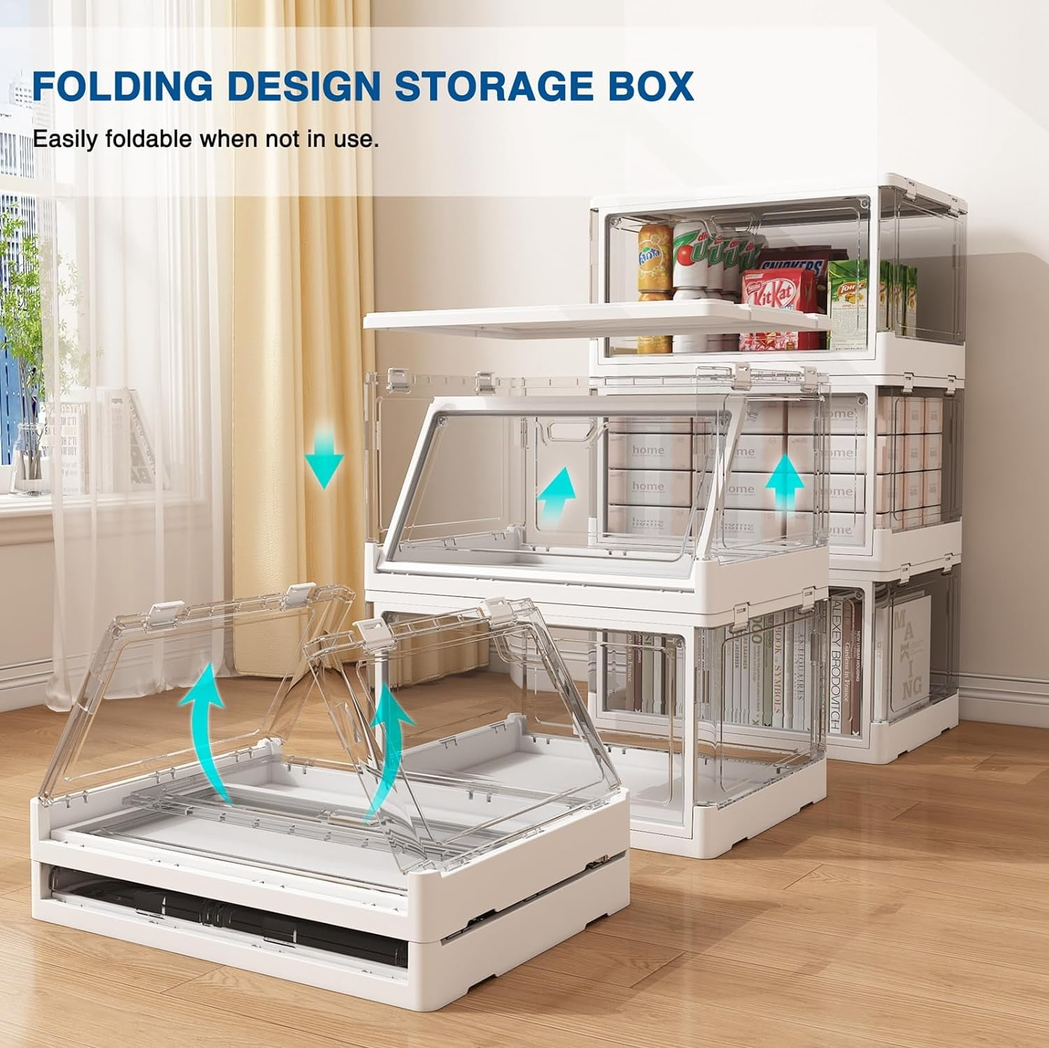 3-Pack Clear Stackable Storage Bins with Lids Magnetic Doors Open Front Foldable Folding Plastic Craft Containers Large Closet Organizers Box for Bedrooms Living Rooms Study 24 QT
