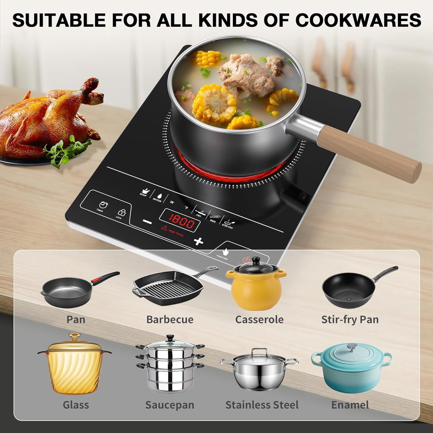 Single Burner Electric Cooktop 1800W Portable Stove Top with LED Touch Control, 8 Power Levels, Timer & Child Lock, Black Crystal Surface for Kitchen Dorm Office Camping
