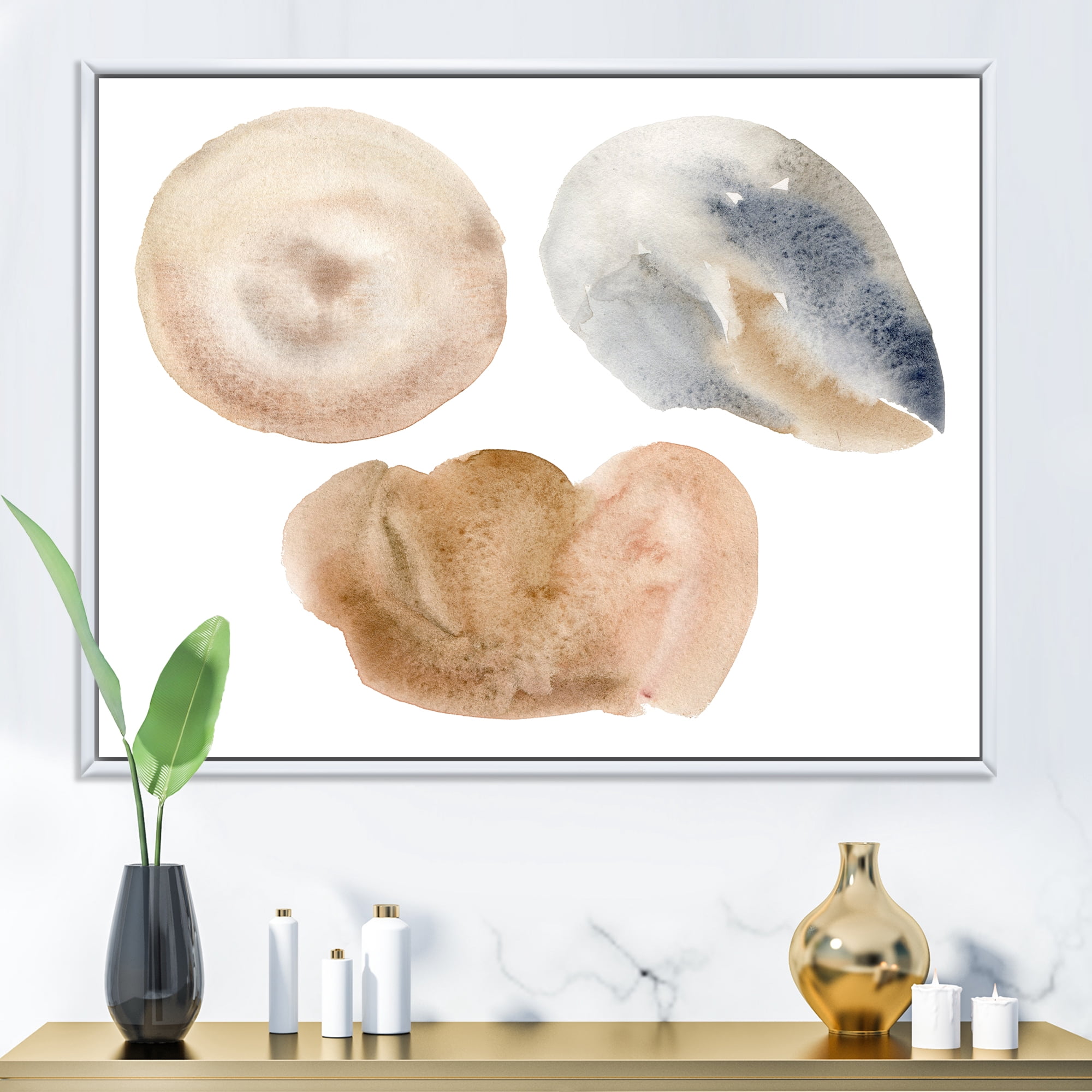 Designart 'Holiday Set With Abstract Beige and Blue Circle Spot' Modern Framed Canvas Wall Art Print