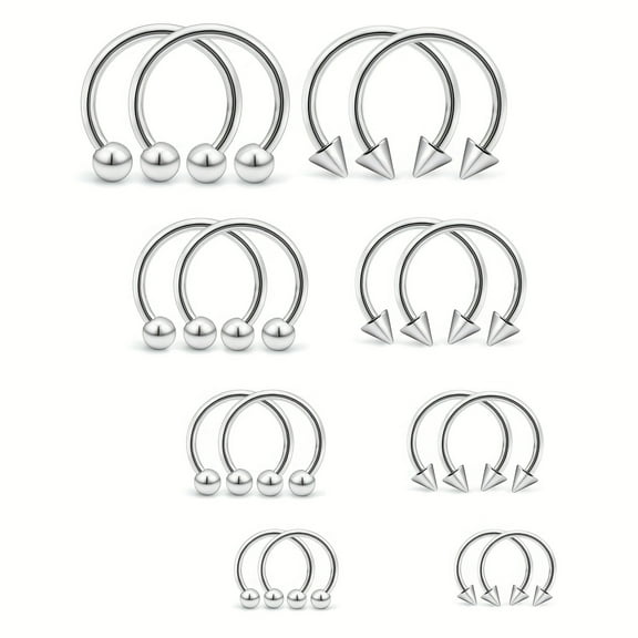 LAURITAMI 16Pcs 16G Surgical Steel Nose Septum Horseshoe Hoop Lip Piercing Ring Balls & Spikes 6-12Mm
