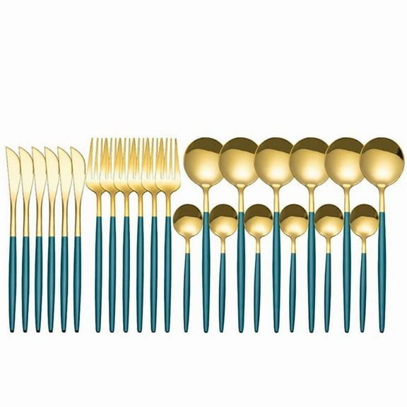 24Pcs Stainless Steel Dinnerware Set Cutlery Spoon Fork Knife Western Cutleri Silverware Flatware,Green-G