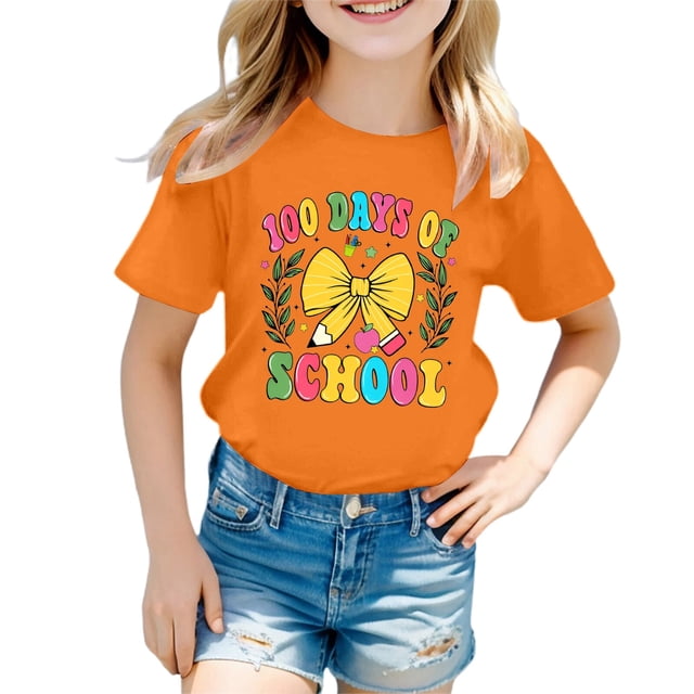 PMVFHDE Hauts d'Été pour Fille 2025 Hauts d'Été Tendance pour Filles T-Shirts Graphiques pour Filles T-Shirts à Manches Courtes pour Filles Imprimé Enfants Col Rond Manches Courtes Amples T Orange, 10-11 Ans