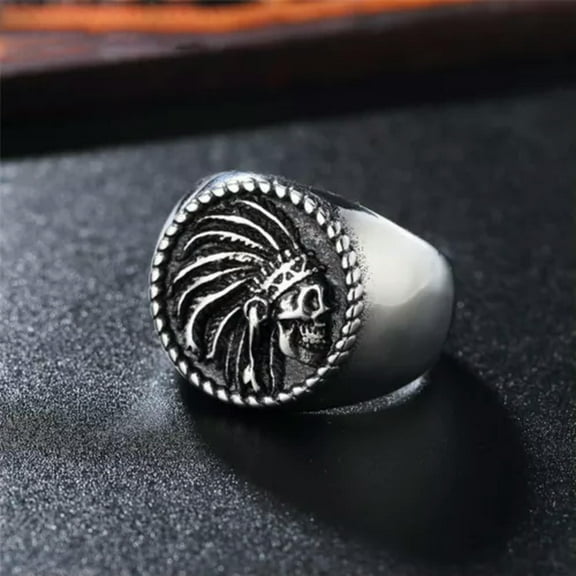 K-KED Gothic Indian Tribal Chief Skull Ring Stainless Steel Feather Skull Biker Ring-11