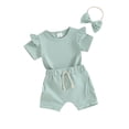 thumbnail image 1 of Nituyy Toddler Girls Summer Shorts Sets Short Sleeve Ruffle Tops Solid Color Shorts Headband Sets, 1 of 9