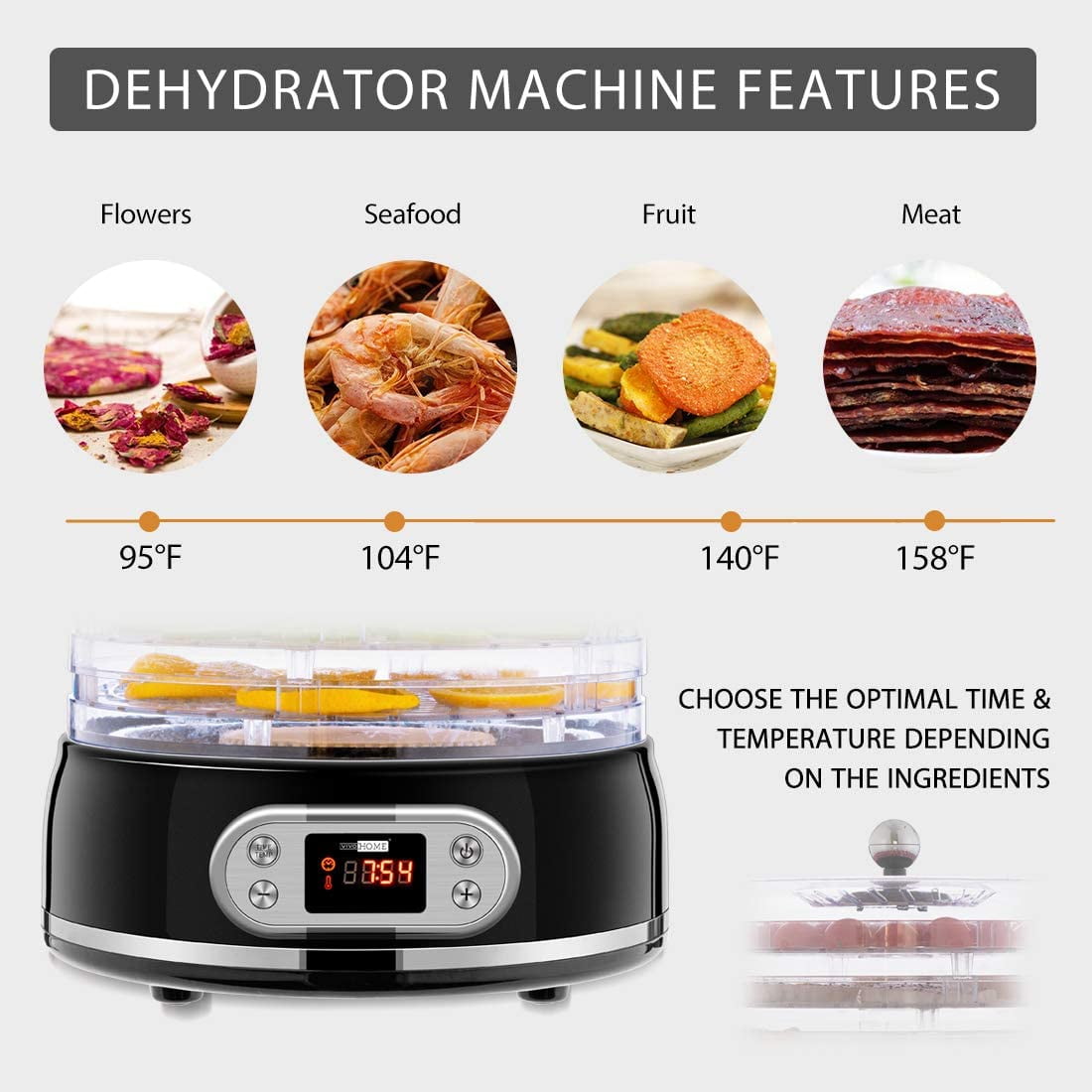 VIVOHOME Food Dehydrator, Electric 8 Trays Hydrator Machine with 72H  Digital Timer and Temperature Control for Fruit Vegetable Meat Jerky Herb  Beef