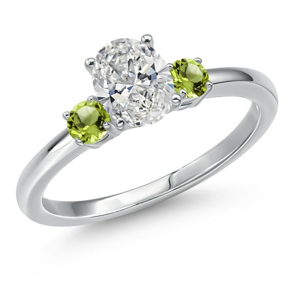 Gem Stone King 14K White Gold DEF Lab Grown Diamond and Green Peridot Engagement Ring for Women | 0.94 Cttw | Oval 7X5MM | Gemstone April Birthstone | Size 7