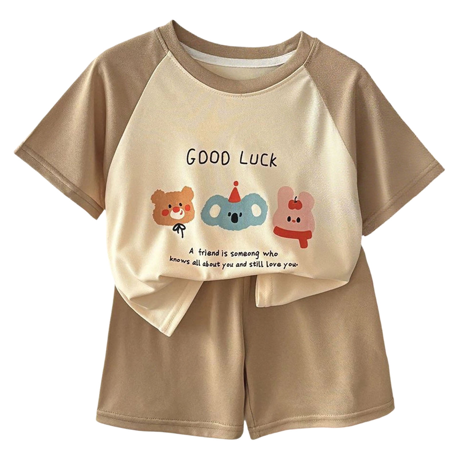 Quealent Toddler Boy Summer Outfit Set 2026 Two Piece Short Sleeve And Shorts Sets Cartoon Printed Crewneck Breathable Clothing (Brown 7-8 Years)