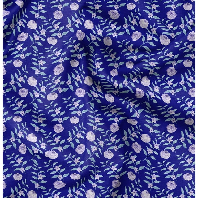 Soimoi Blue polyester Crepe Fabric Leaf Floral Print Fabric by Yard 42 Inch Wide