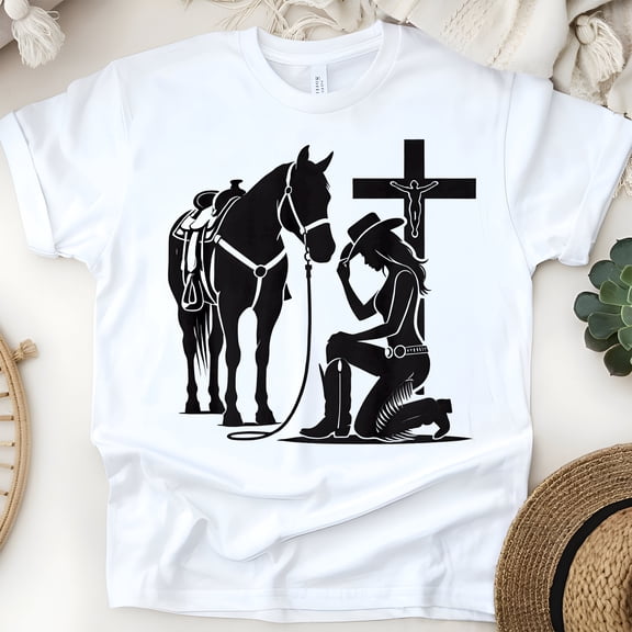 Cowgirl Prayer T-Shirt | Horse and Cross Christian Graphic Tee, White, Size S