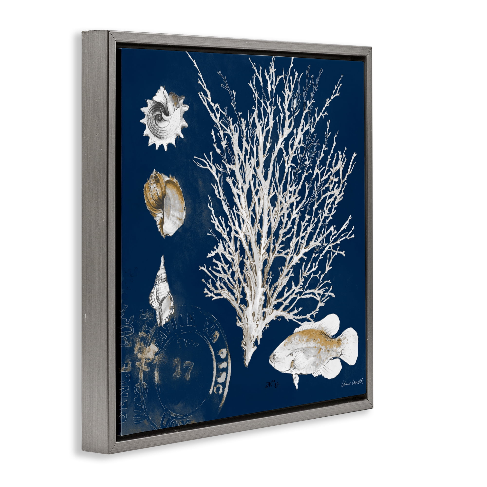Stupell Industries Coral Medley on Navy Gray Framed Floater Canvas Wall Art, design by Lanie Loreth