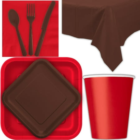 Disposable Party Supplies for 28 Guests - Ruby Red and Brown - Square Dinner Plates, Square Dessert Plates, Cups, Lunch Napkins, Cutlery, and Tablecloths:  Tableware