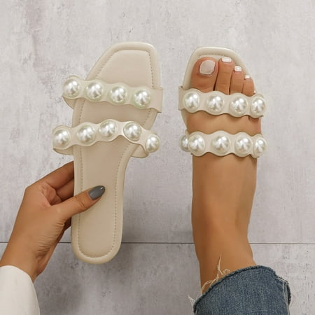 

HIBRO Women s Sandals Flat Bottomed Open Toe Pearl Slippers Summer Sandals Women s Flat Bottomed Sandals Slippers