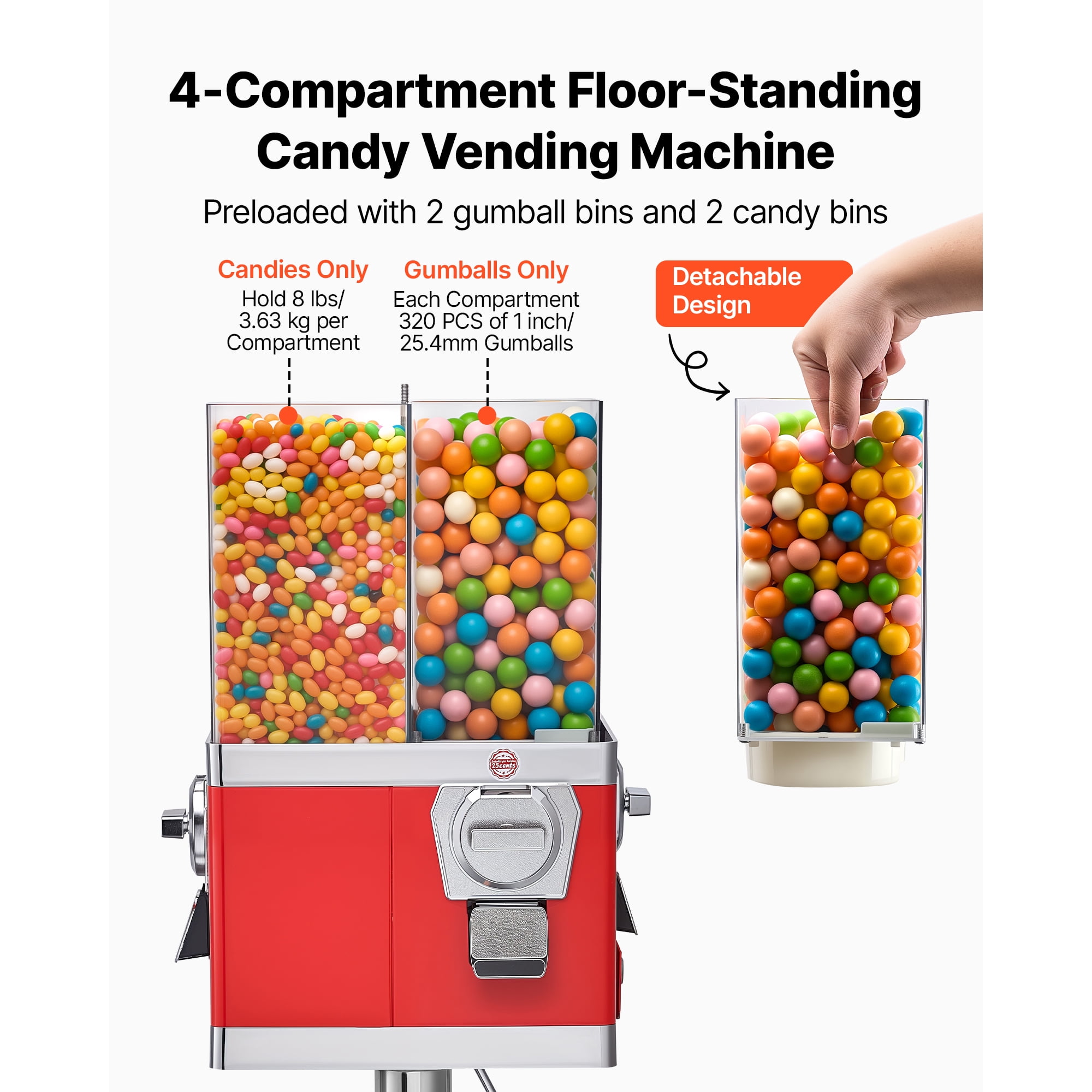KFFKFF Four-Compartment Candy Vending Machine with Adjustable Stand, Gumball and Candy Dispenser for Shops, Arcades, and Family Events