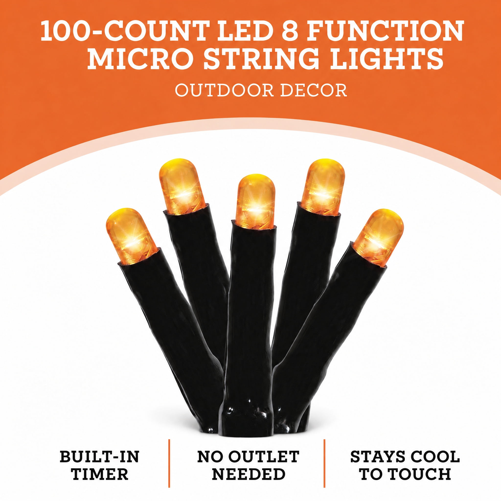 Indoor/Outdoor 100-Count Battery-Operated LED 8-Function Micro String Lights, Orange, 33', Halloween by Way To Celebrate