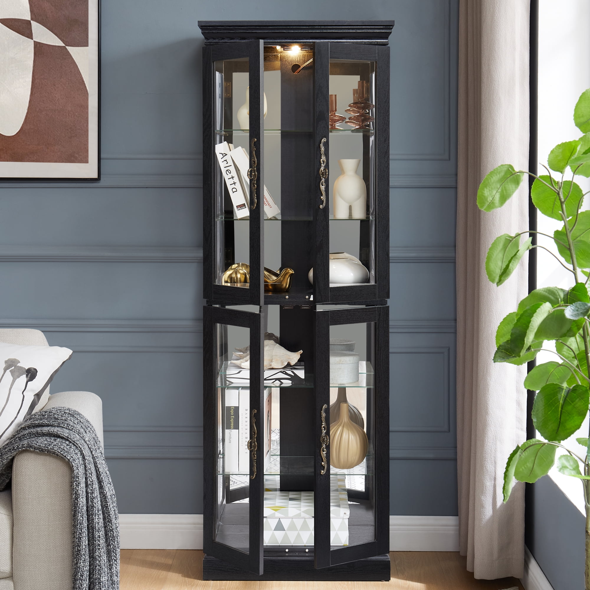 Leumius Lighted Glass Curio Display Cabinet, Wood Frame 4 Glass Doors Storage Cabinet with Included Bulb, Glass Wine Cabinet Collectibles Toy Display Case for Living Room, Kitchen, Pantry,Black