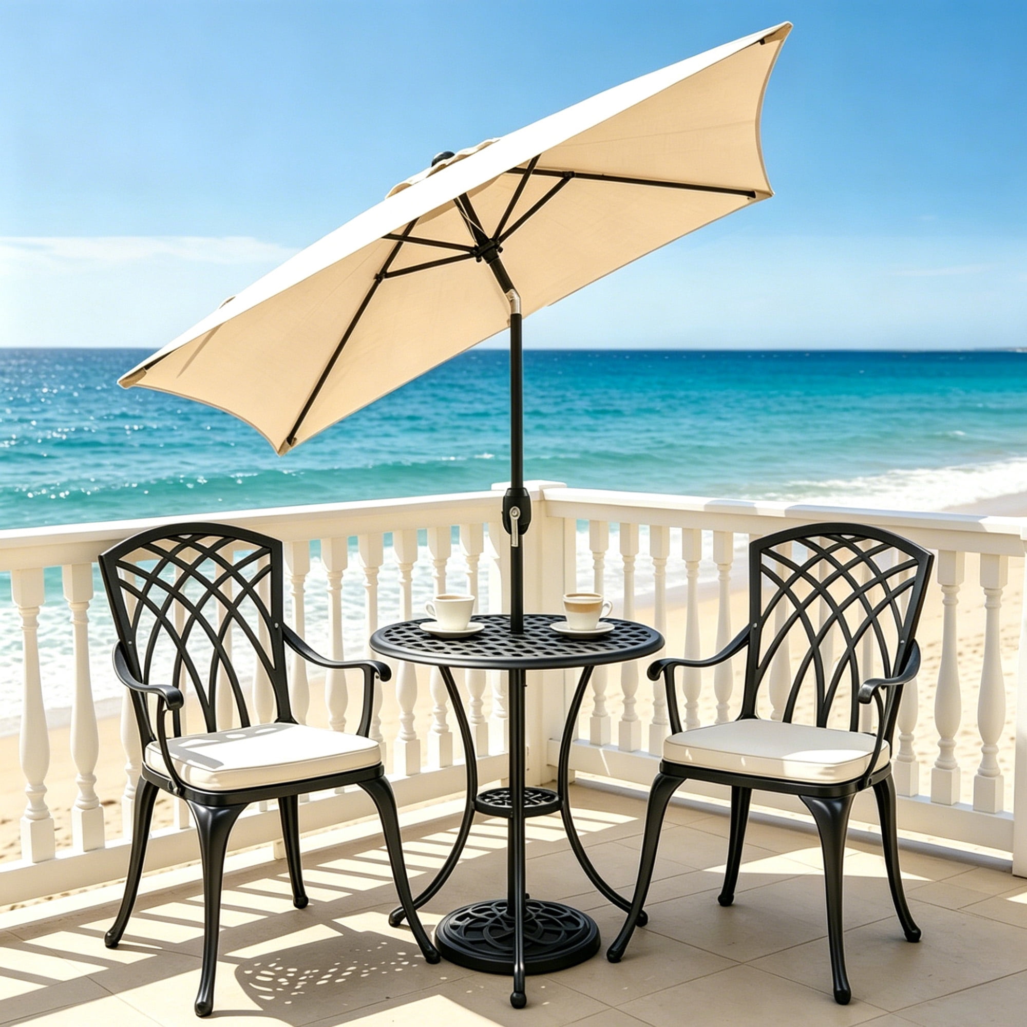 Kool 6.5 ft Square Outdoor Patio Market Umbrella with Push Button Tilt and Crank Handle, Tan