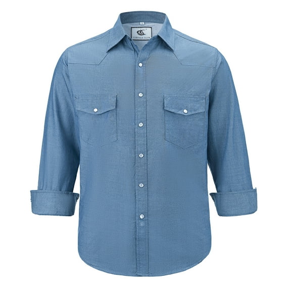 Coevals Club Men's Denim Button Up Western Cowboy Pearl Snap Long Sleeve Shirt Classic Casual Workwear 02 Dusk Blue Large