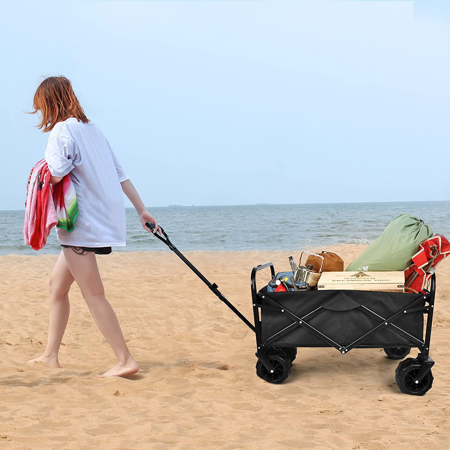 Park Collapsible Portable Utility Camping Grocery Canvas Wagon w/Carry Bag Red Adjustable Handle Prevent Sinking in Sand for Shopping … Heavy Duty Folding Wagon Cart w/7'' All-Terrain Wheel Beach 