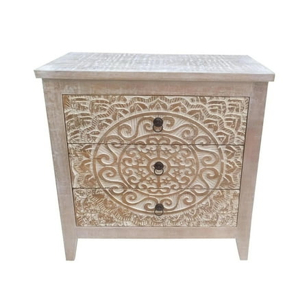 28 Inch Ornate Medallion Accent Cabinet with 3 Drawers, Mango Wood, White