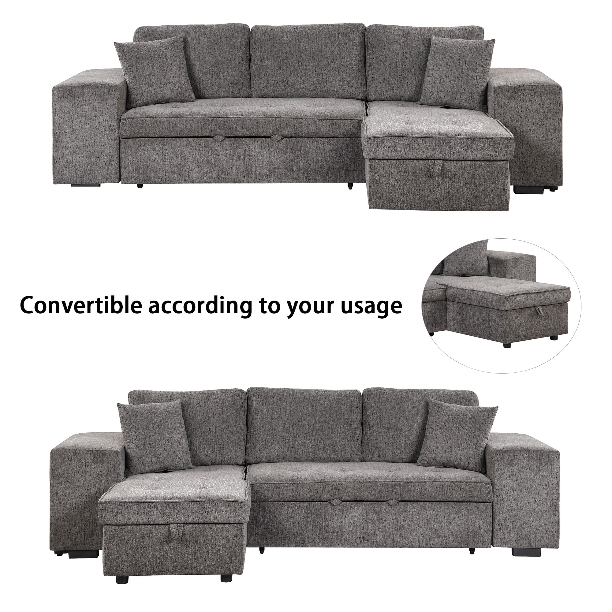104.5" 3 Seat Reversible Sectional Couch, L-Shape Modern Pull Out Sleeper Sofa with Storage Chaise and 2 Stools for Living Room,Gray