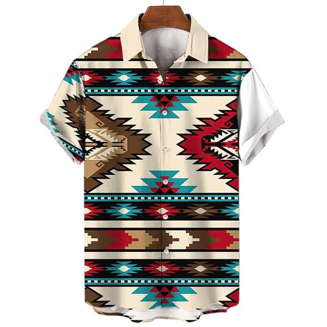 Geometric National Pattern 3d Print Hawaiian Shirt Men Summer Street Short Sleeves Tops Oversized Lapel Button Blouse Clothes