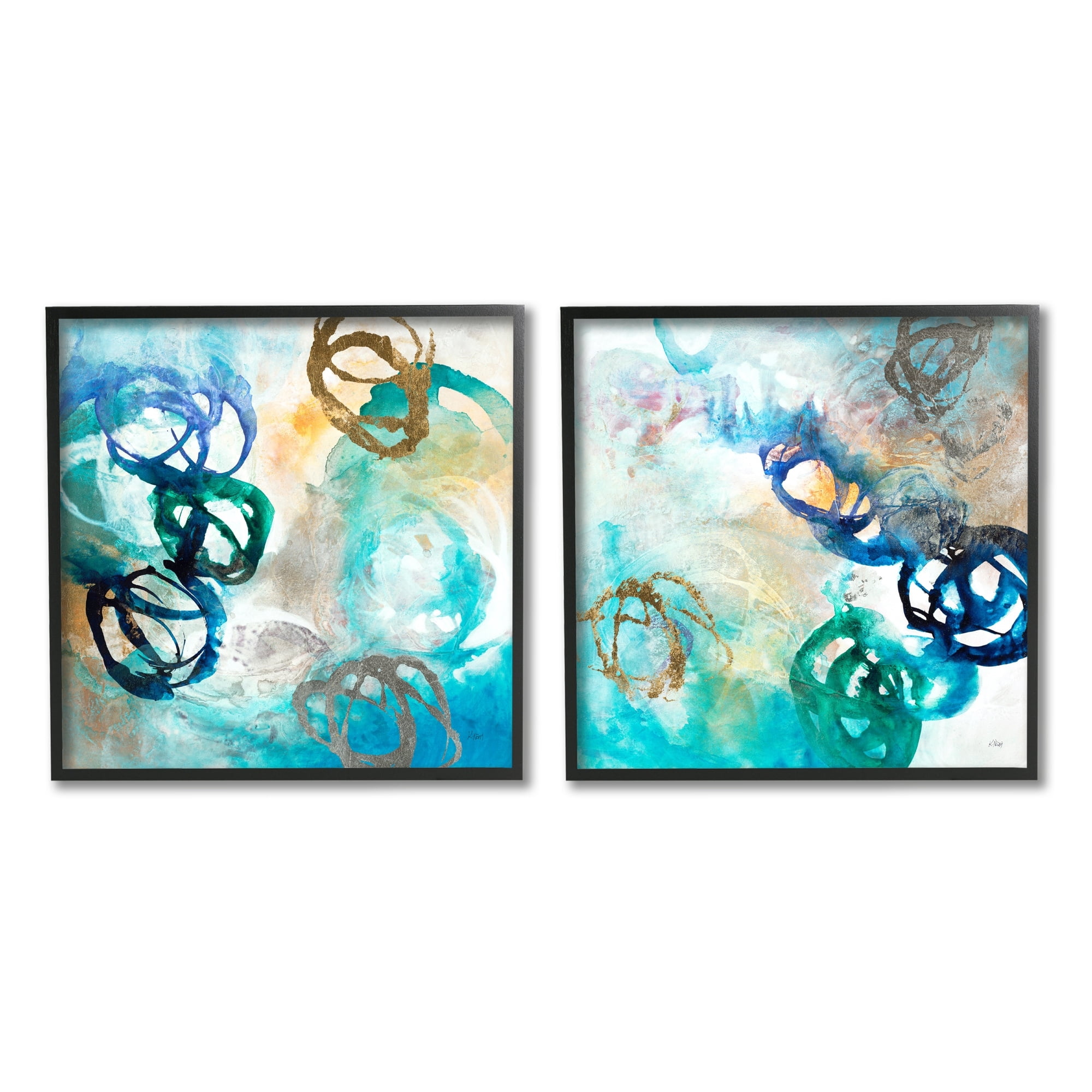 Stupell Industries Modern Shapes Overlay Painting Marine Blue Tones Painting Black Framed Art Print Wall Art, Set of 2, Design by K. Nari