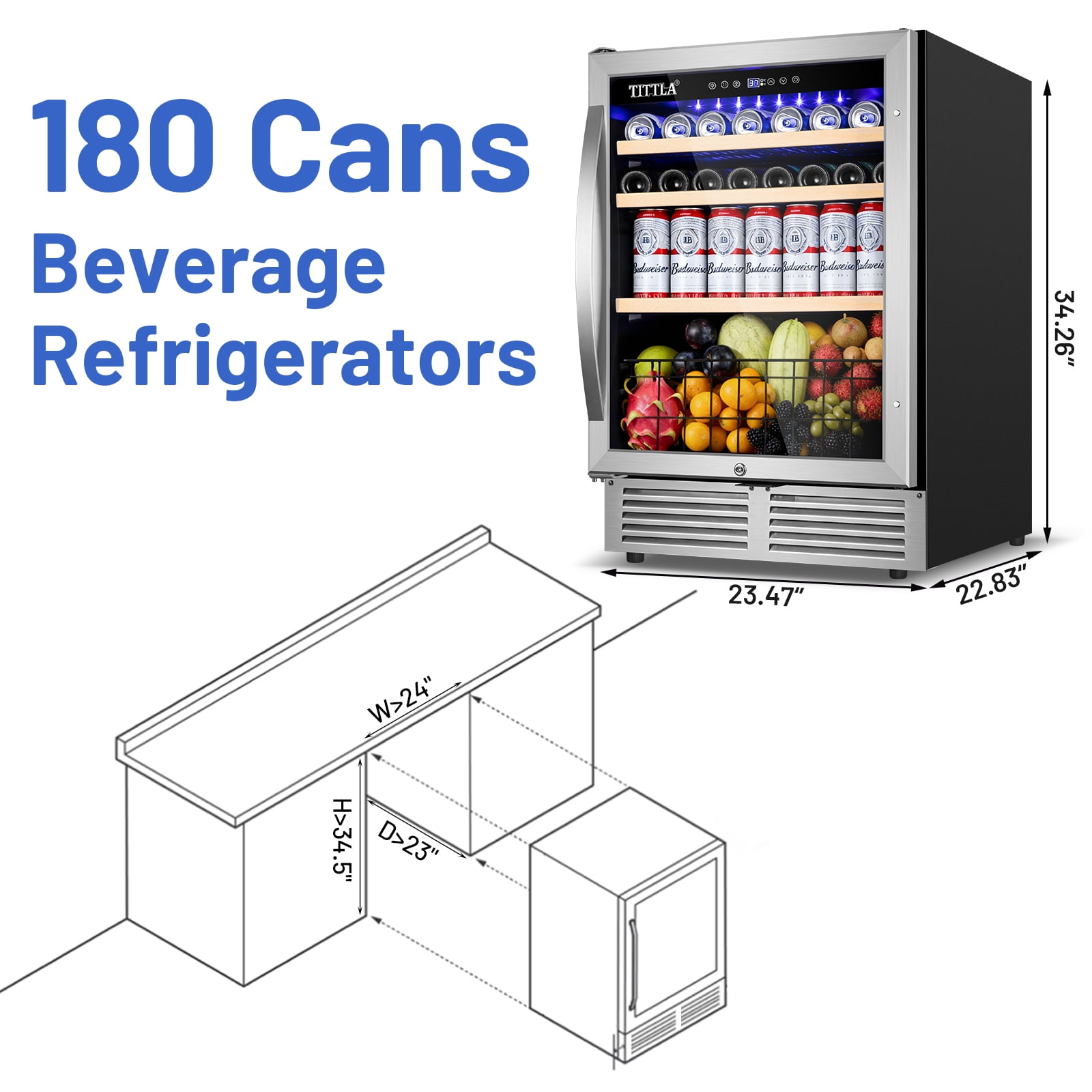 TITTLA 24 inch Beverage Refrigerator,180 Cans Under Counter Refrigerator with Glass Door for Kitchen Bar Office,Silver