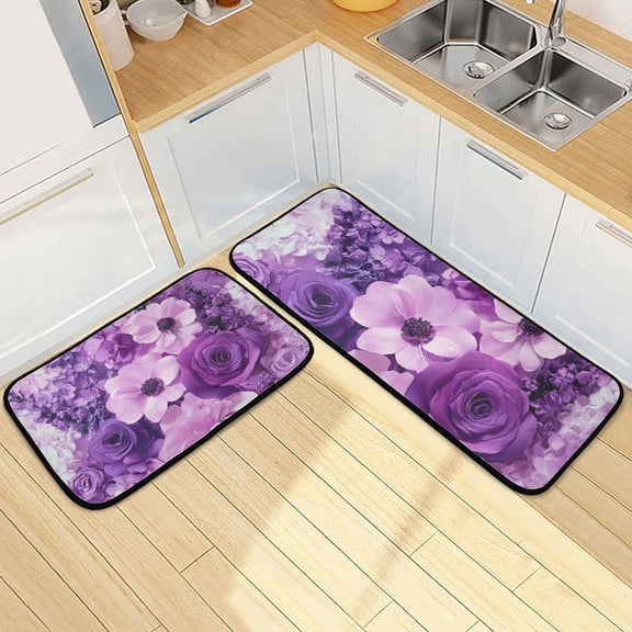 Purple Elegant Flowers Kitchen Mat Set of 2 Cushioned Non Slip Rugs for Bedroom Floor Runner Mats