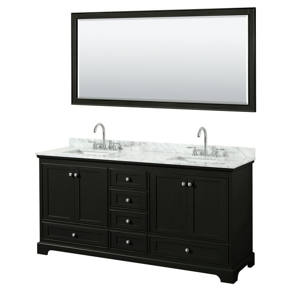 HomeStock Coastal Cool 72 Inch Double Bathroom Vanity in Dark Espresso, White Carrara Marble Countertop, Undermount Square Sinks, and 70 Inch Mirror