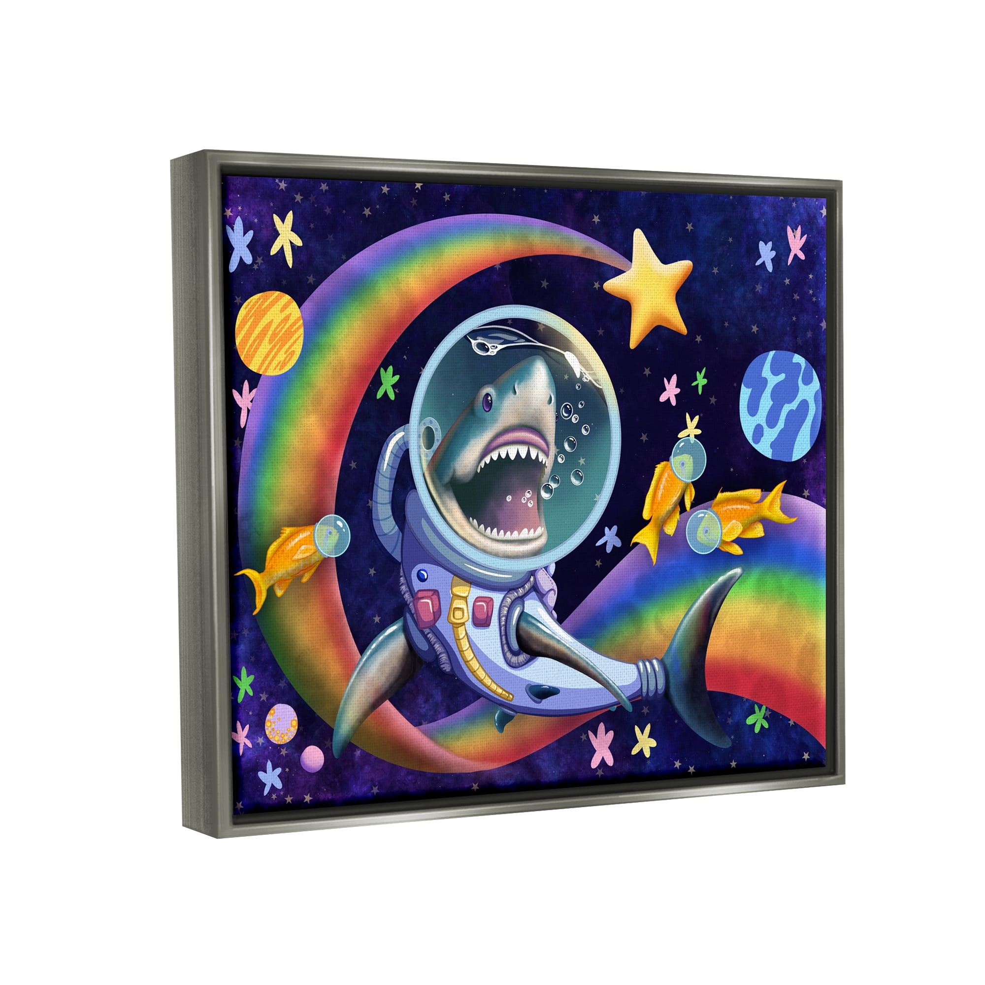 Stupell Industries Shark in Outer Space Animals & Insects Painting Gray Floater Framed Canvas Art Print Wall Art, 31 x 25