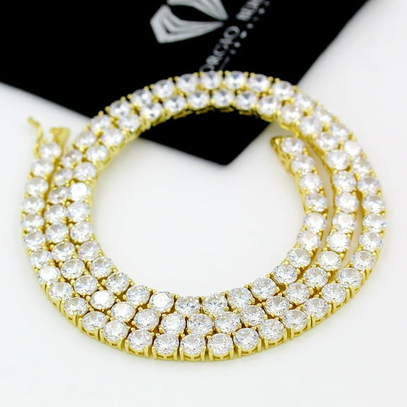 925 Italian Sterling Silver 5mm Tennis Bracelet, Iced Out Round Cut CZ Cubic Zirconia Yellow Gold Plated Link Chain, Giorgio Bergamo