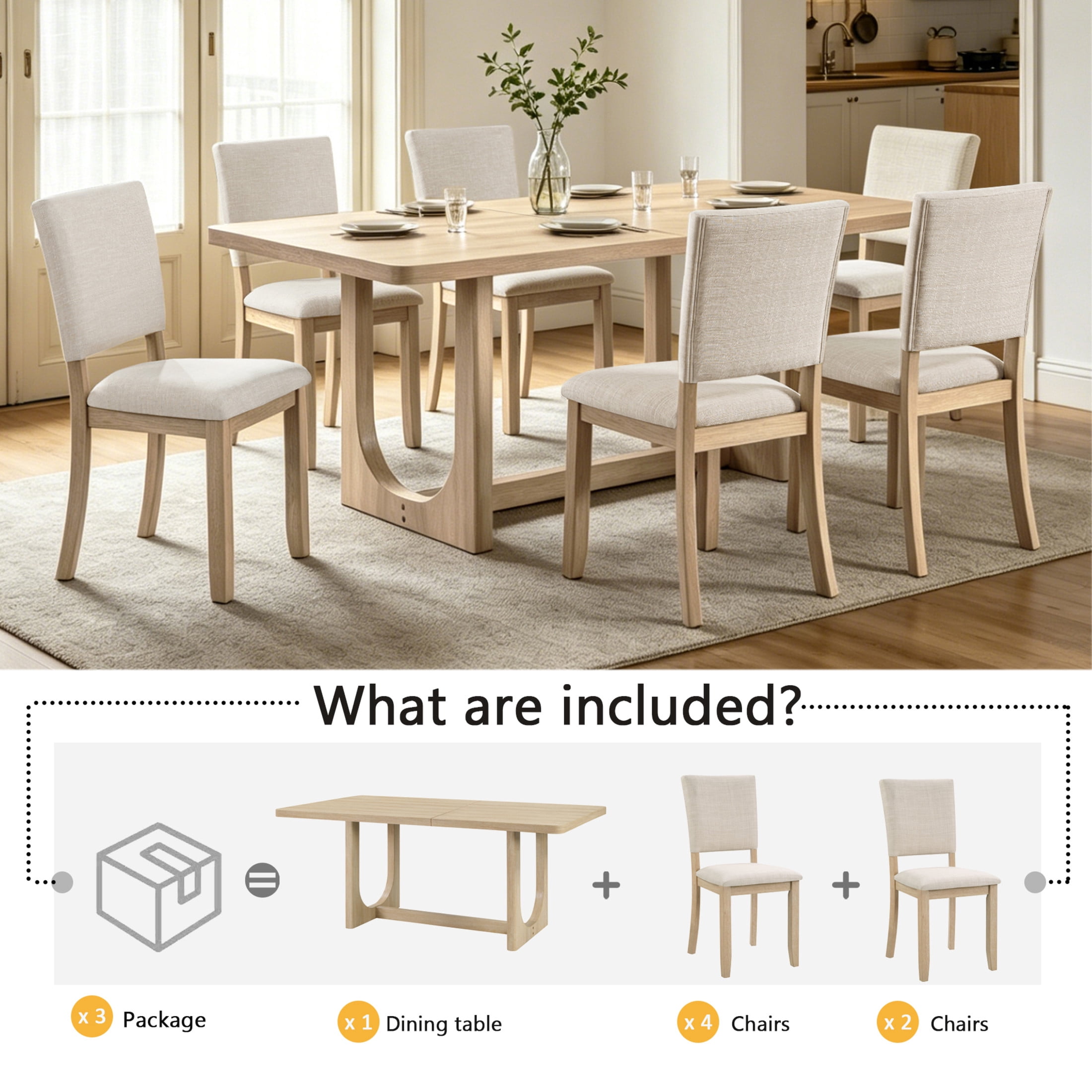 Noble House 7-Piece Wooden Dining Table Set, Modern Rectangular Kitchen Table with Upholstered Chairs, Light Oak & Beige