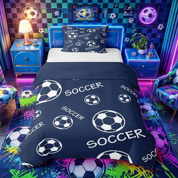 Castle Fairy Minimalist Soccer Print Twin Duvet Cover, Sport Theme Twin Bedding, Navy White,Navy Blue Reversible,2pcs,1 Duvet Cover and 1 Pillowcase