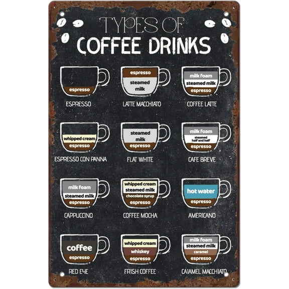 Coffee Menu Metal Tin Signs Vintage Types Of Coffee Sign Art Iron Rustic Wall Decor Coffee Signs For Coffee Bar Plaque Drinks Retro Metal Poster Cafe Living Room Kitchen Home Gift Colorful