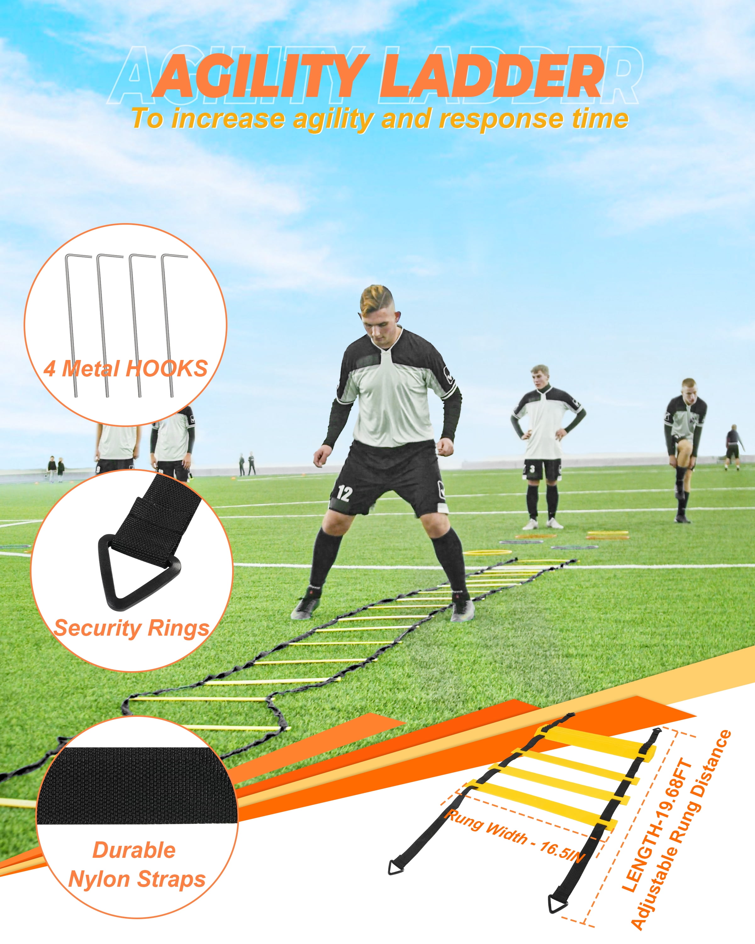 Speed and Agility Training Set, Agility Training Equipment For Kids with 20ft Sports Agility Ladders, Cones, Resistance Parachute, Resistance Bands, Jump Rope for Basketball, Soccer,