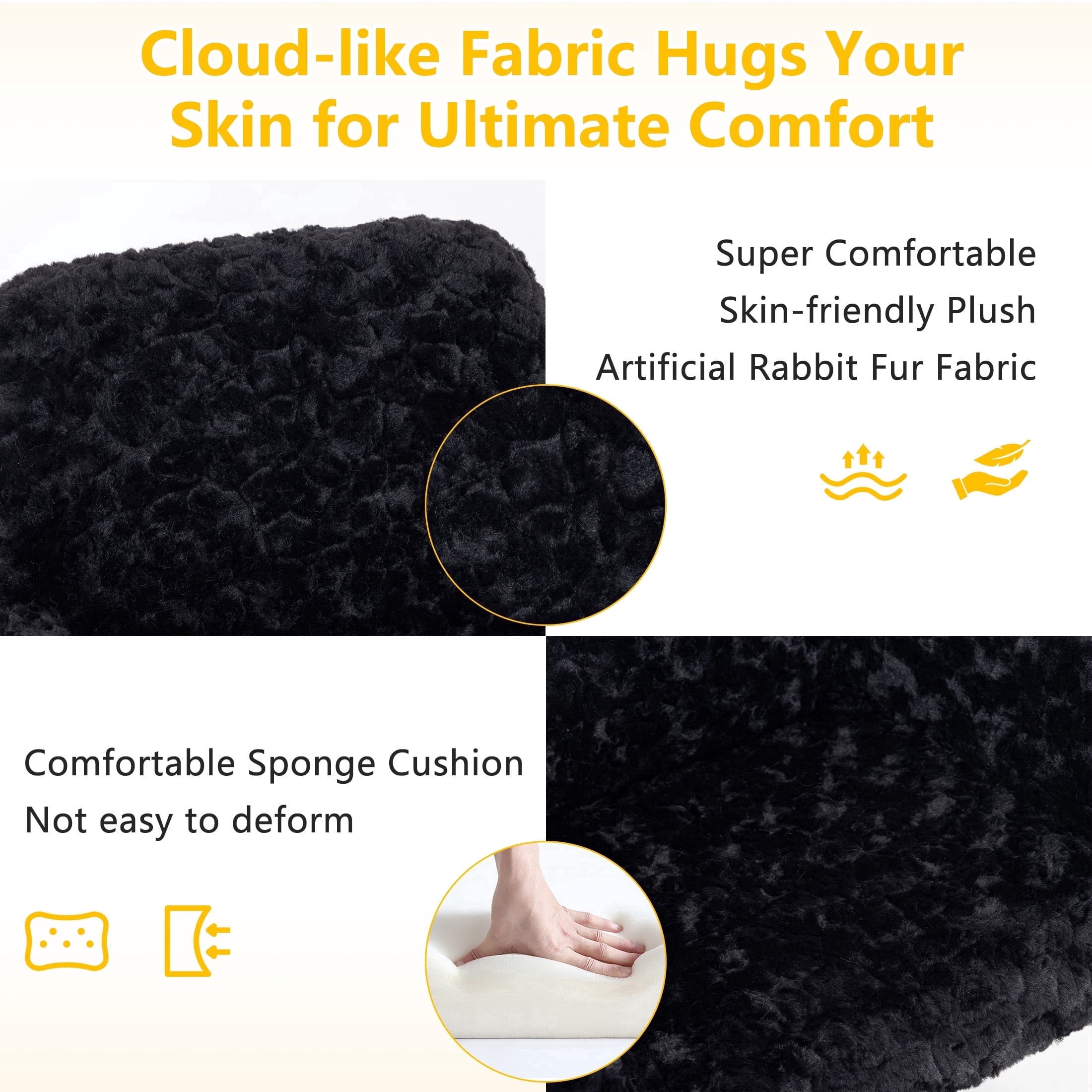 PAPROOS Vanity Chair with Back, Adjustable Swivel Makeup Desk Chair with Wheels and Arms, Fluffy Home Office Task Chair with Artificial Rabbit Hair for Bedroom, Dorm, Study Room, Black