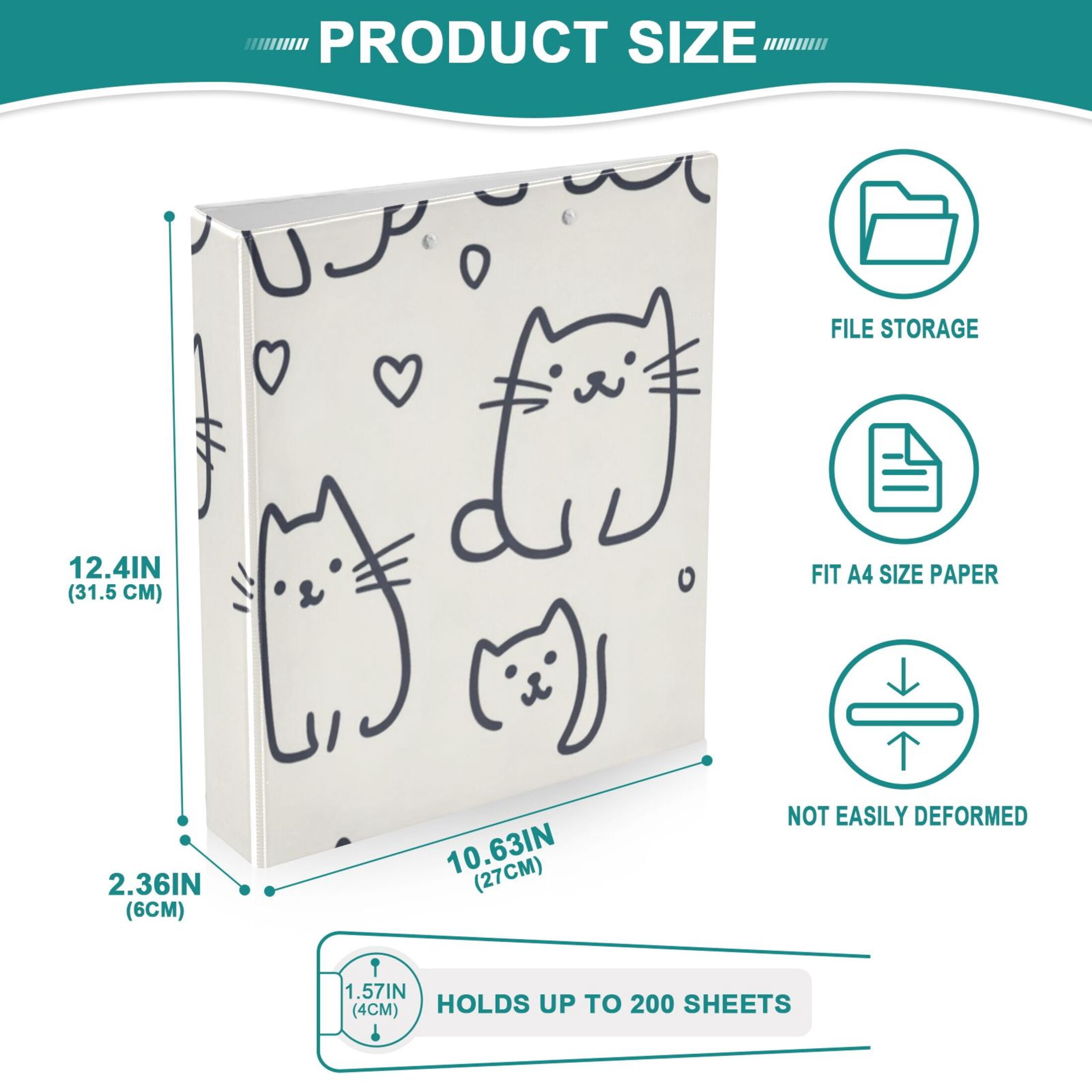 Cats Stick Figure 3 Ring Binders 1.5 inch Hardcover File Folders with Interior Pockets A4 Size Organizer for School Office Hospital