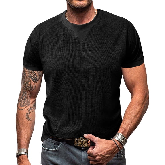 LWavelet Waffle Knit Men's T-Shirt Breathable for Everyday Casual and Relaxed Wear Black L