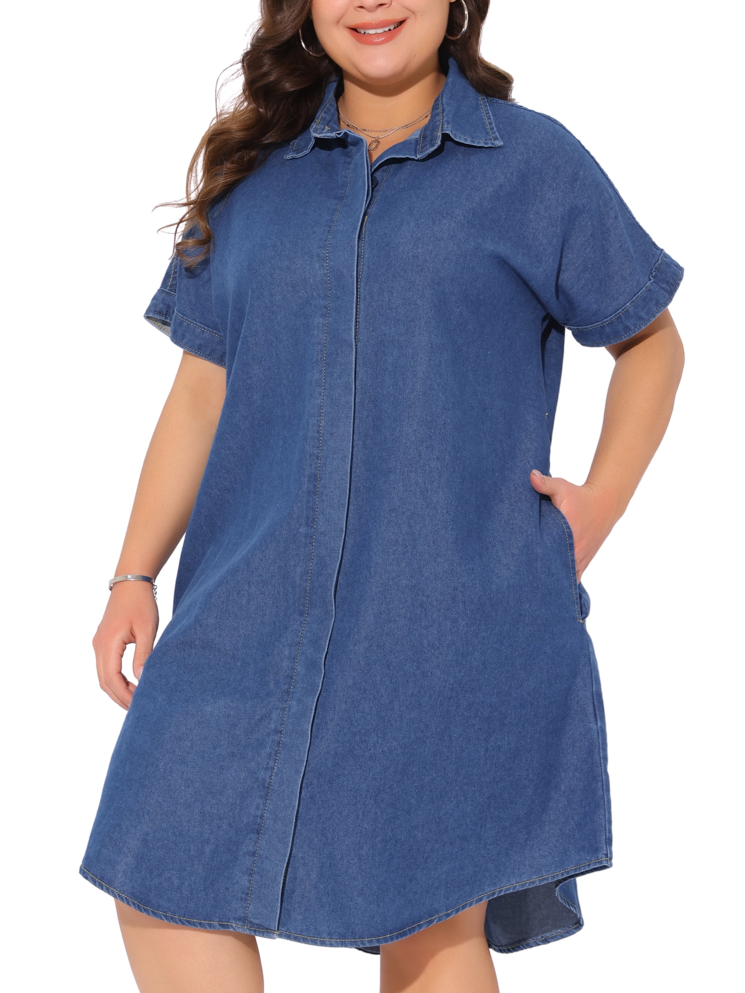 DARING DIVA Women's Plus Size Denim Short Sleeve Button Down Dress 4X Blue