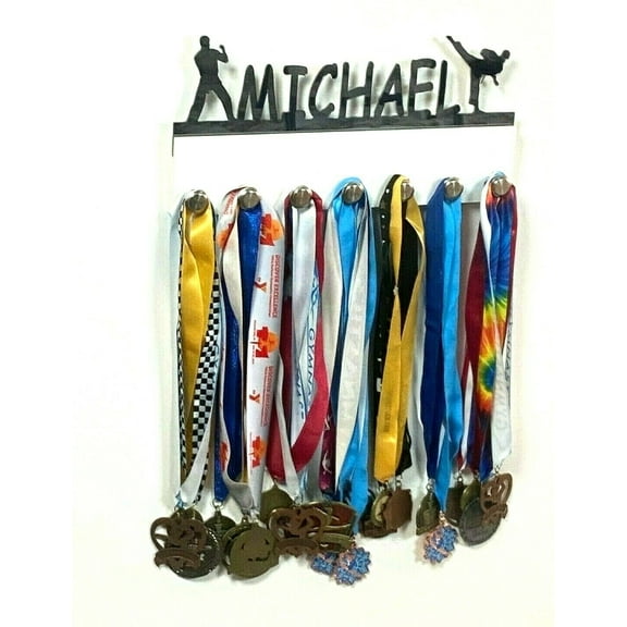 Custom Personalized Name Karate Martial Arts Taekwondo Medal Holder, Awards Display Organizer Hanger Rack with Hooks for 60  Medals, Ribbons, Sports Of A Kind Made To Order With Your Name On It.