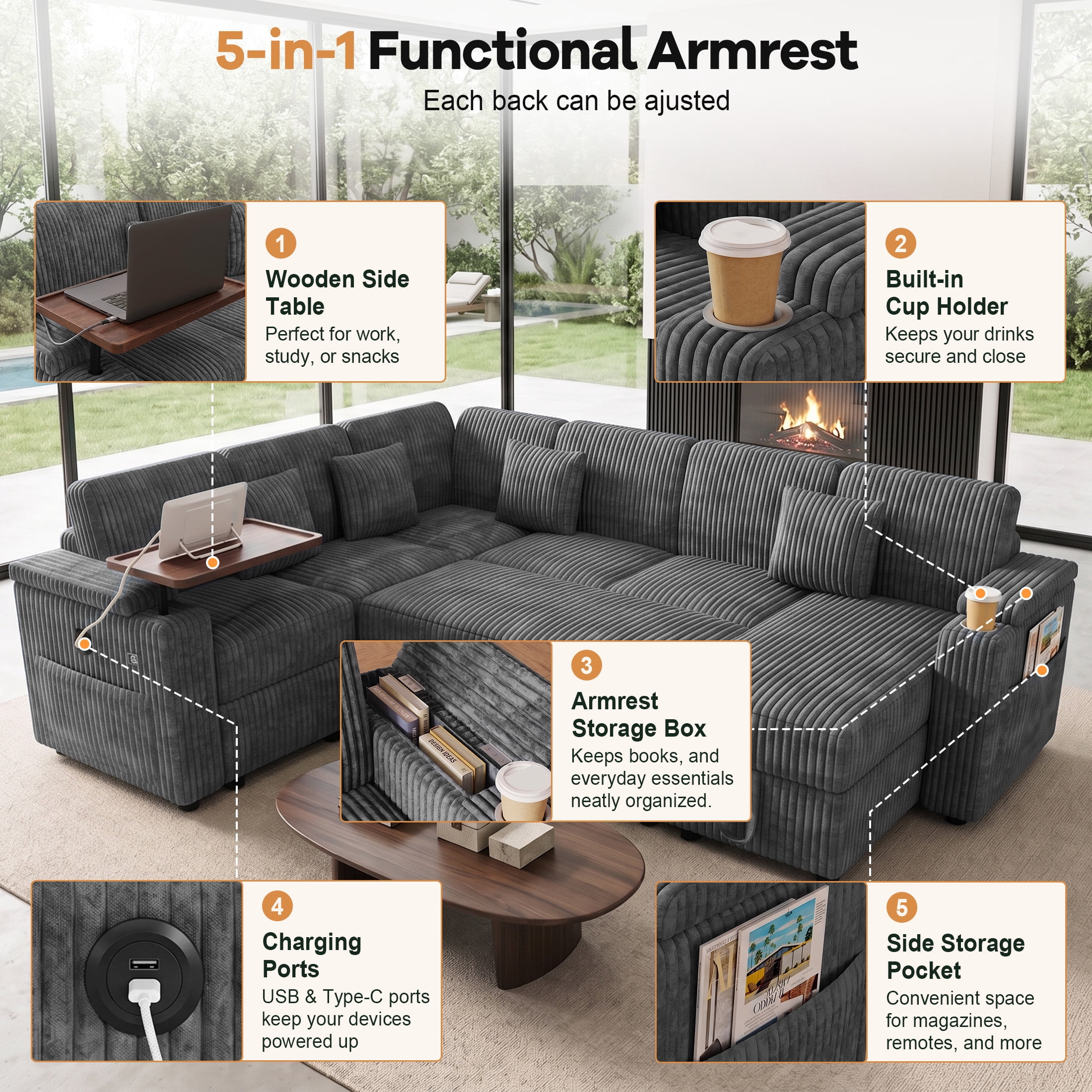 Aenkyo 7-Seat Corduroy U-Shaped Sectional Sleeper Sofa Bed with Storage Chaise and USB Charging, Gray