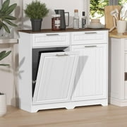 Double Tilt Out Trash Can Cabinet, 2 x 10 Gallon Hidden Laundry Hamper Cabinet with Storage Drawers, Garbage Can Holder for Kitchen, Bathroom, White