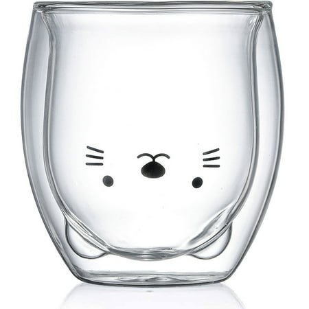 

Sutowe Double Wall Glass Mug 250ml/8.4oz Cute Bear Cat Dog Cartoon Animal Glass Beverage Milk Cup for Home Office Restaurants Use Cat