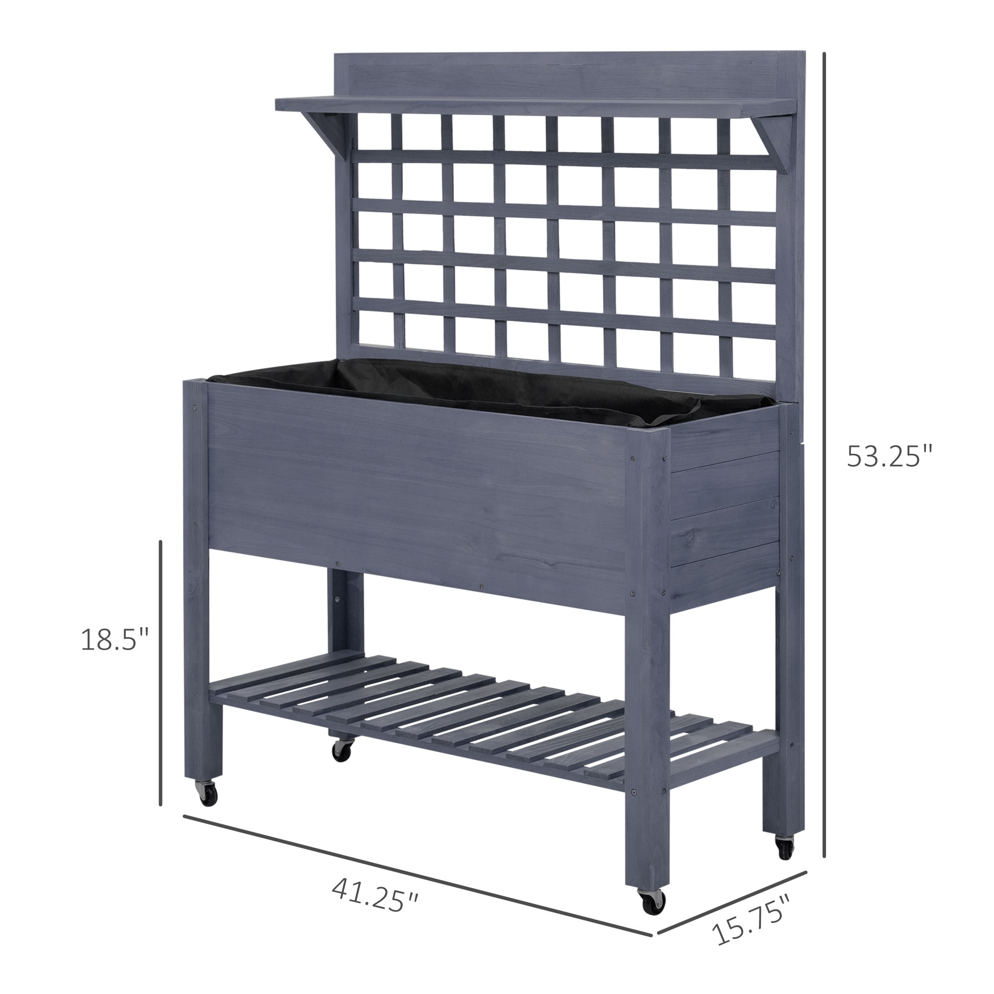 AsterOutdoor 41" Raised Garden Bed with Trellis on Wheels, Wooden Elevated Planter Box with Legs & Liner for Flowers, Herbs & Vegetables, Gray