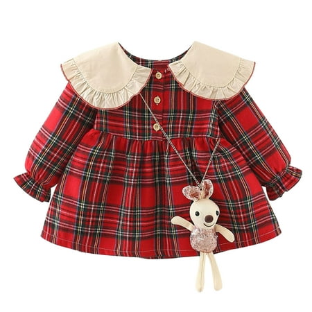 

QYZEU 4T Girl Dresses Overall Dresses for Girls Toddler Kids Baby Girls Dress Summer Bohemia Plaid Long Sleeve Casual A Line Princess Dresses With A Doll Party Clothes