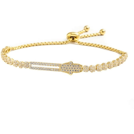 Pori Jewelers CZ 18kt Gold-Plated Sterling Silver Bar with Hamsa Friendship Bolo Adjustable Bracelet