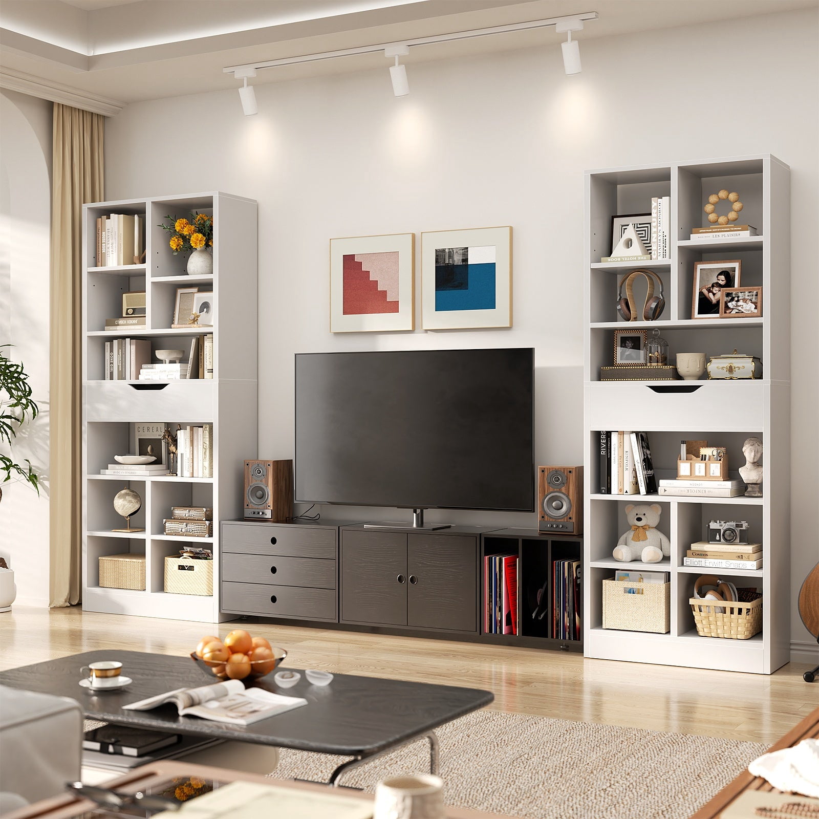 iSunirm 73.6'' Tall Cube Bookcase with Drawer, 10-Tier Bookshelves with Adjustable Shelves, 19.7 '' Width Display Shelf for Living Room, Home Office, White