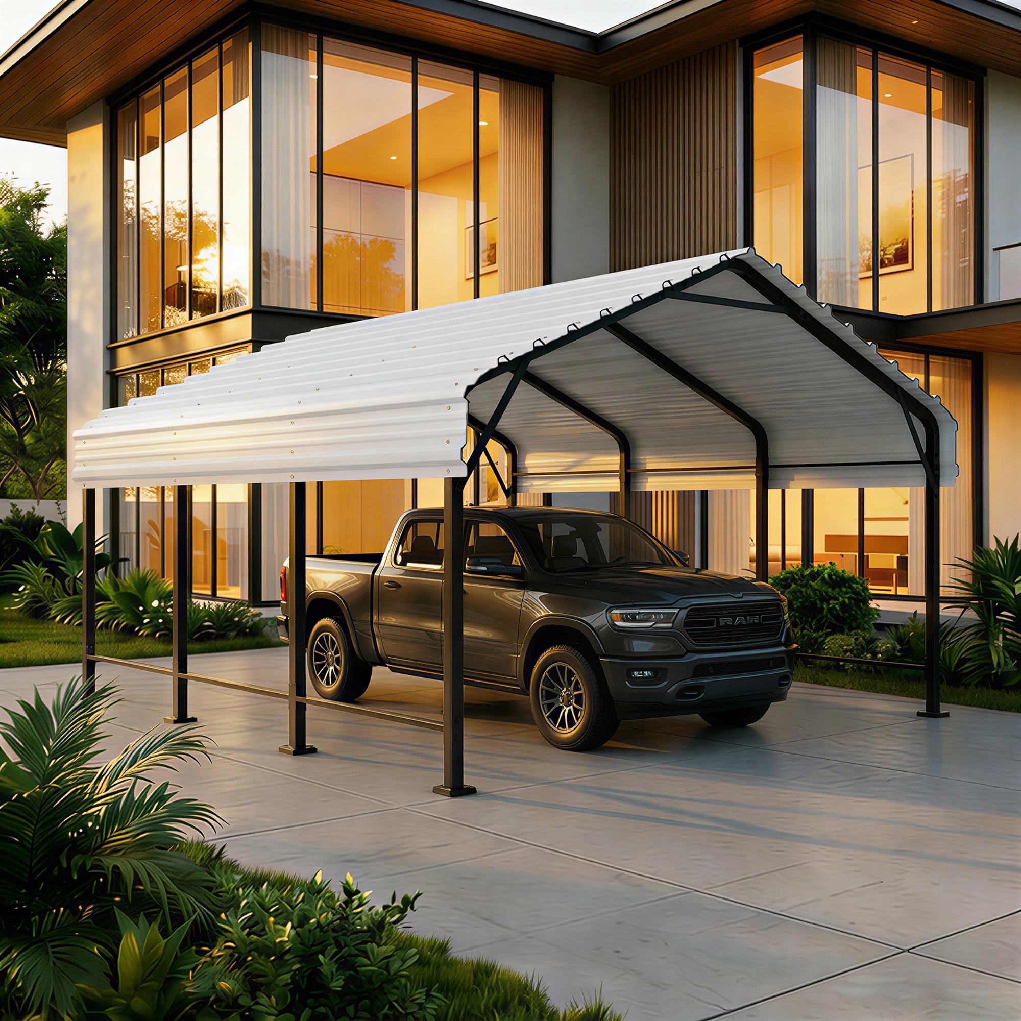 Walsunny 12X15ft Steel Carport, Outdoor Heavy Duty Carport Canopy with Galvanized Steel Roof, Metal Carport Extra Large Garage Car Storage Shelter, White