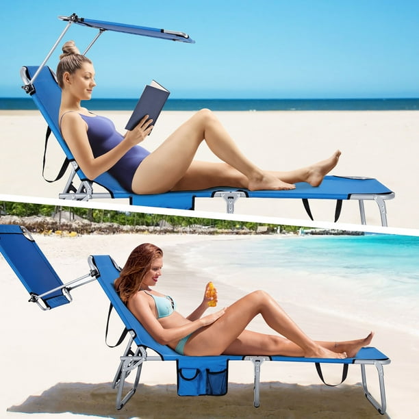 Costway Foldable Lounge Chair Outdoor Adjustable Beach Patio Pool Recliner W Sun Shade Walmart