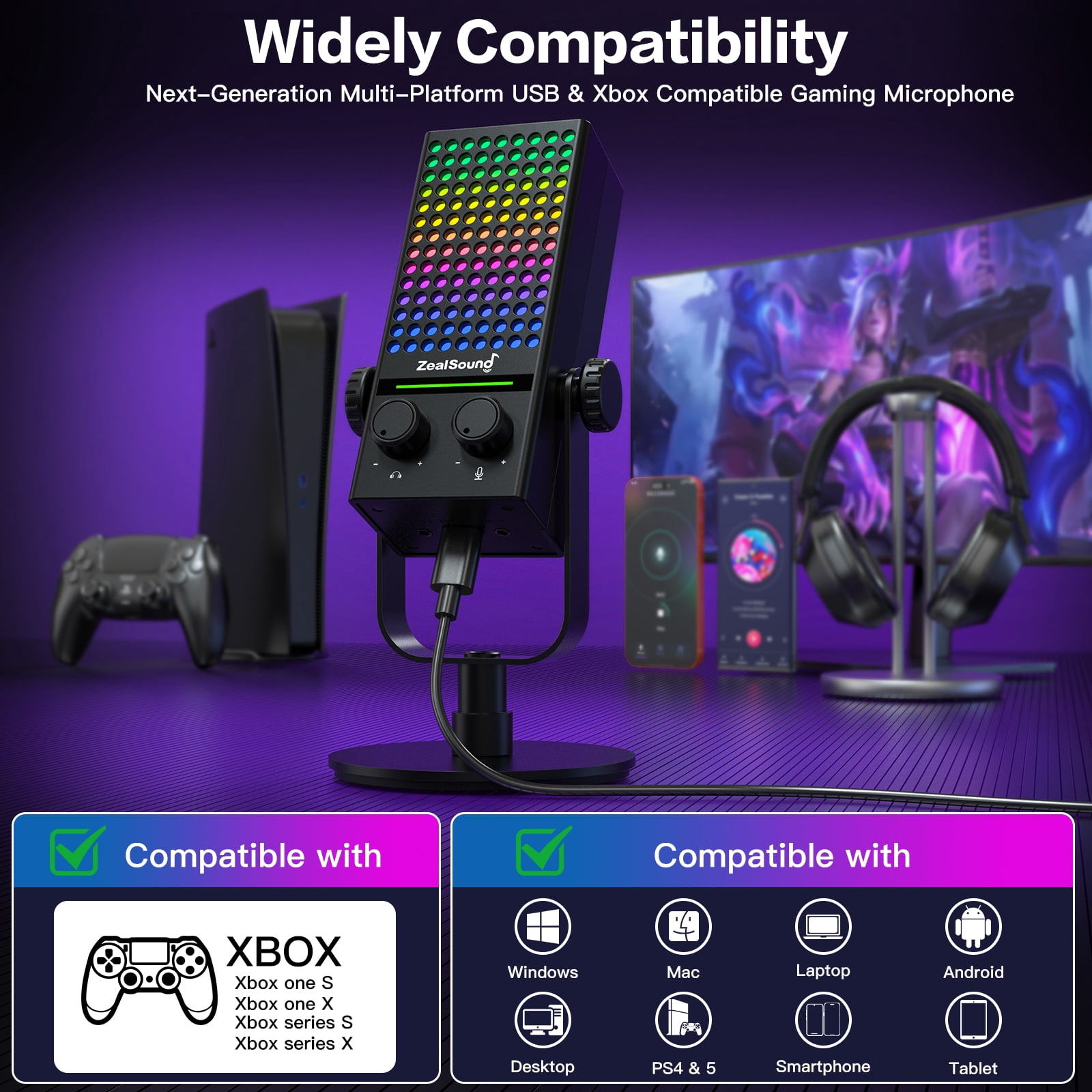 ZealSound Gaming Microphone for Xbox, PC & Mac, Noise Cancellation Streaming Mic with One Tap Mute, RGB Lighting, Monitoring, Gain Control, Condenser Mic for iPhone, Computer, Podcast, Gamer, YouTube
